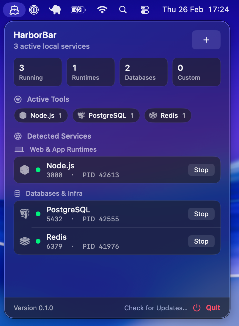 HarborBar menu bar panel showing active services