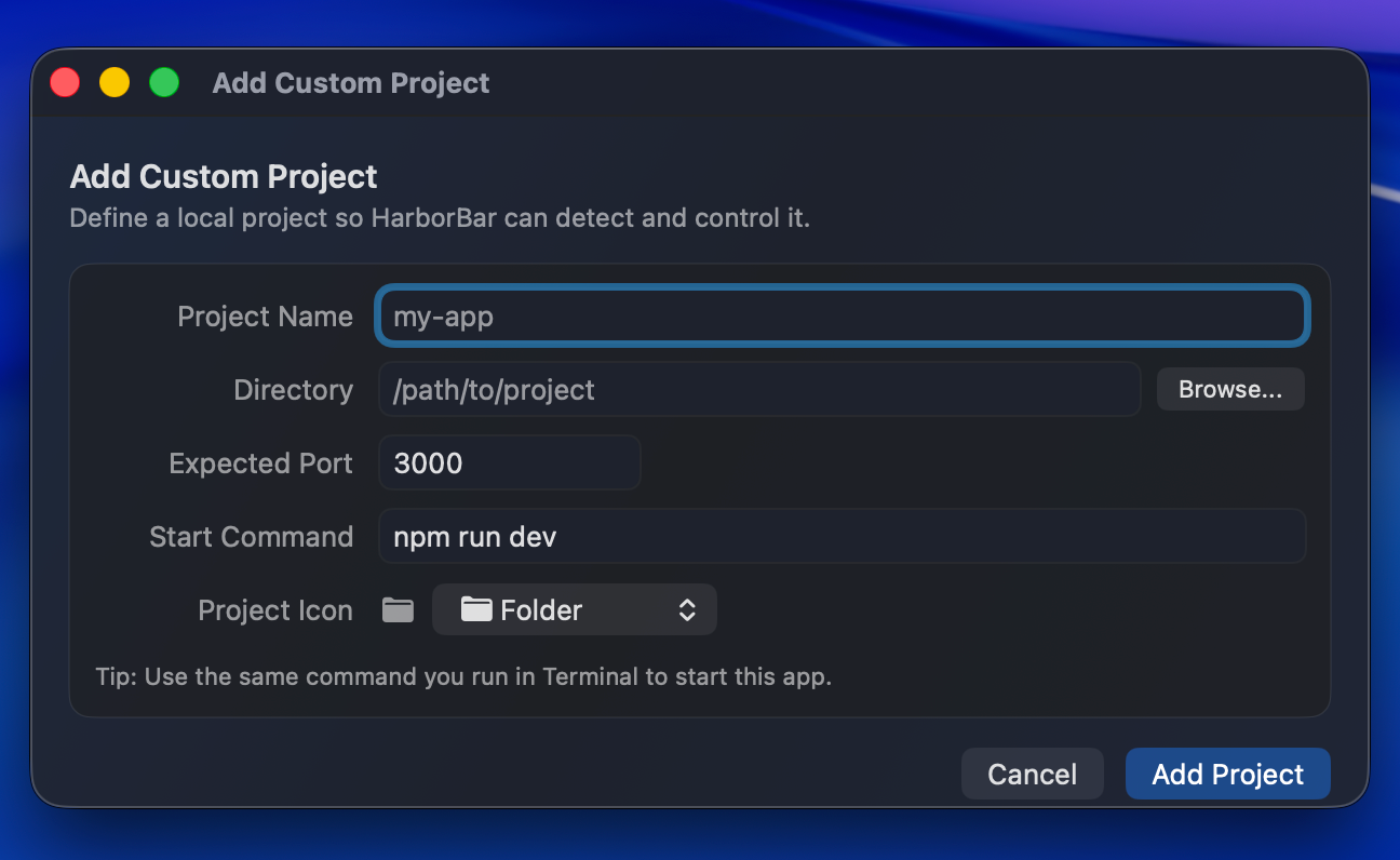 HarborBar add custom project dialog